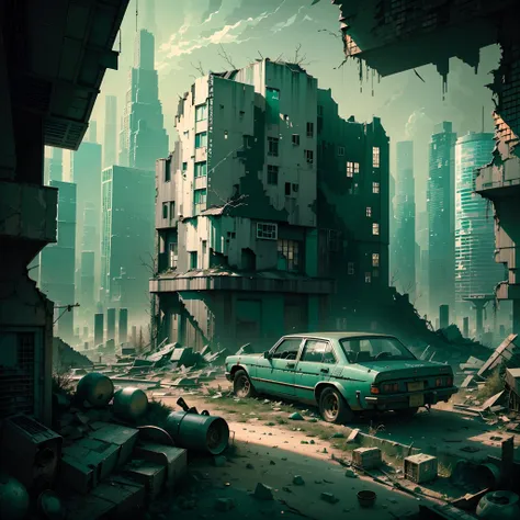 (gray-green color scheme:1.4)in a post-apocalyptic metropolis, the remains of a huge city lie in ruins, similar to the pixelated...