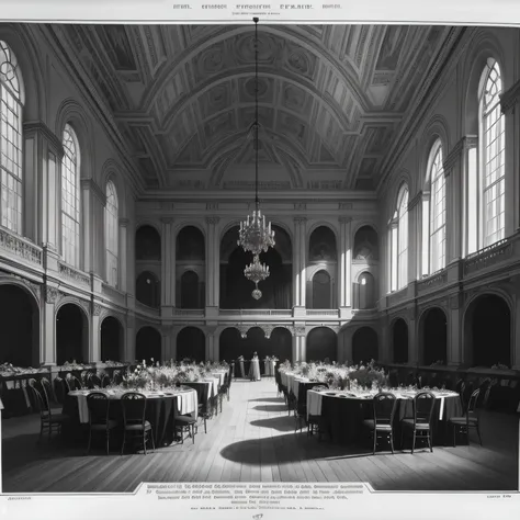 a black and white drawing shows an old newspaper engraving, a ballroom, lots of guests in victorian dresses and tails, a fancy b...