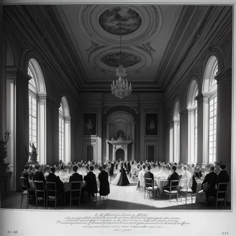 A black and white drawing shows an old newspaper engraving, a ballroom, lots of guests in Victorian dresses and tails, a fancy ball,  in the style of vignettes of paris, gravure printing, dark maroon and dark azure, panoramic scale, historical references, ...