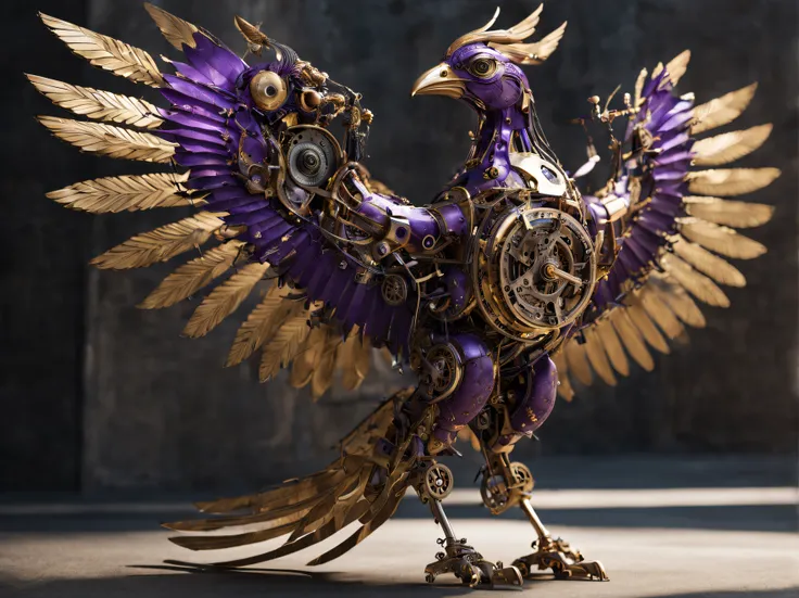 incredibly intricate full body photo of a mechanical phoenix bird ((with visible clockwork elements)), Canon RF, F/2.8, intricate detail, raytracing, subsurface scattering, shadow blending, cinematic, infinite ultra-resolution image quality and render, 55m...