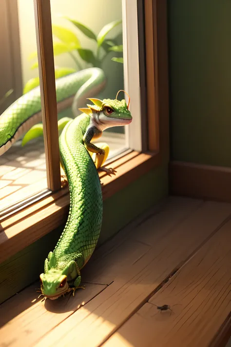 Little gecko catching mosquitoes in the corner，A snake bit its tail。