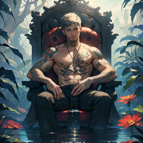 there is a man with tattoos on his body and a flower in his hand, album art, realism art, sitting in his throne underwater, art cover, realism art style, album, realistic art, official artwork, realism artstyle, music album art, by Adam Dario Keel, realist...