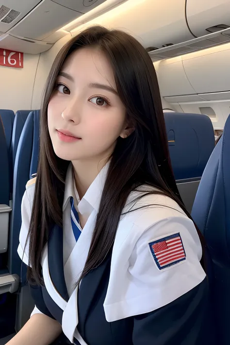 Top Quality, Masterpiece, 8K, Ultra High Definition, (Photorealistic: 1.4), 1 Girl, Beautiful Face, Symmetrical Eyes, Big, Perfect Body Proportions, Stewardess Uniform, Viewers Look, (Inside the Airplane: 1.2), Front View, Shoulder Jump, Absolute Area (1.3...