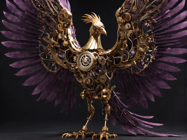 incredibly intricate full body photo of a mechanical phoenix bird ((with visible clockwork elements)), Canon RF, F/2.8, intricate detail, raytracing, subsurface scattering, shadow blending, cinematic, infinite ultra-resolution image quality and render, 55m...