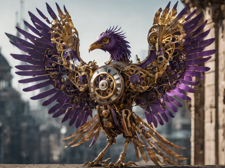 incredibly intricate full body photo of a mechanical phoenix bird ((with visible clockwork elements)), canon rf, f/2.8, intricat...