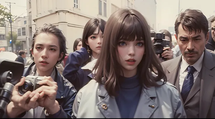 arafed woman in blue jacket and blue shirt surrounded by photographers, inspired by Andrew Boog Faithfull, berlin 1 9 8 2, marianne collins, original style, actors, french new wave, inspired by Leila Faithfull, french bob, paris 1982, by Grethe Jürgens, fu...