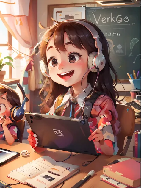 high detal、a junior high school student、girl with、Smiling child, nffsw ,, head phone, Tablet Learning、learning english、English Conversation Lessons、a tablet, livestream、Teacher on monitor、Gamers Room