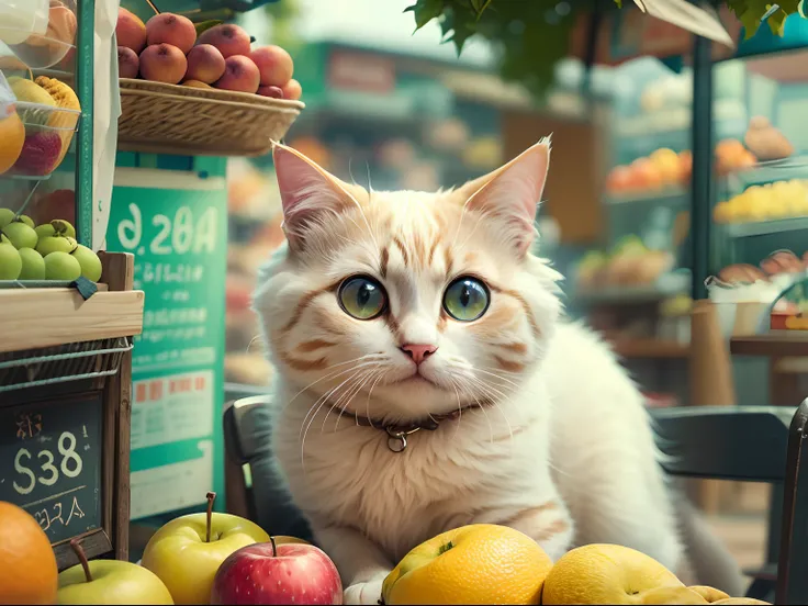 A round-eyed cute cat,sit on chair, fruit stand,exteriors.