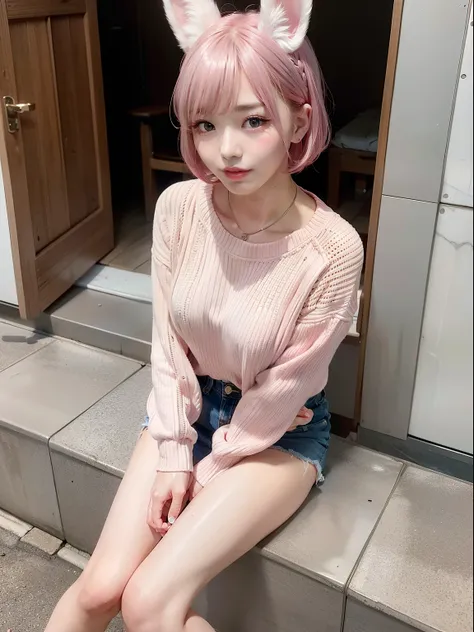 Pink short cut hair、top-quality,ultra-detailliert,​masterpiece,realisitic,Photo Real,Bright lighting,1 girl in, an extremely beautiful 17-year-old girl, Public bath dressing room、(kawaii:1.2),Thin smile, (Brown eyes),(A pink-haired),(bangss),flawless skin,...