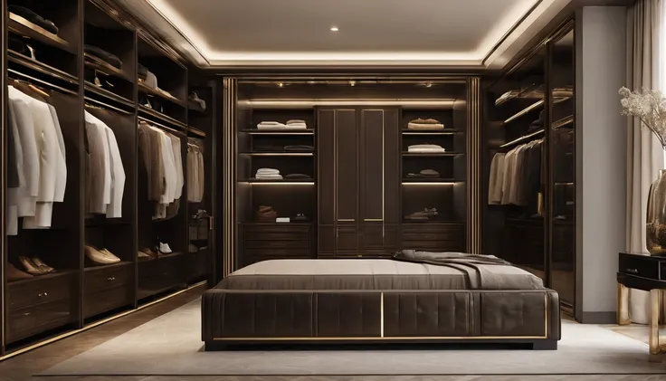 Walk-in closet view，With bench and mirror,The color of the wardrobe door panel is dark brown elegant wardrobe, elegant futuristic wardrobe, luxury item showcase, luxurious environment, luxury hd render, gold and luxury materials, luxury fashion, Luxury mat...