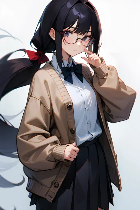 femele、A dark-haired、poneyTail、Straight face、wears glasses、cardigan、skirt by the