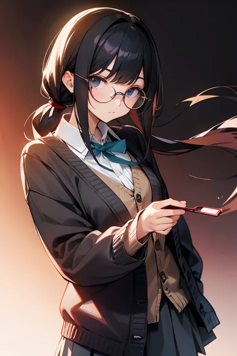 femele、A dark-haired、poneyTail、Straight face、wears glasses、cardigan、skirt by the