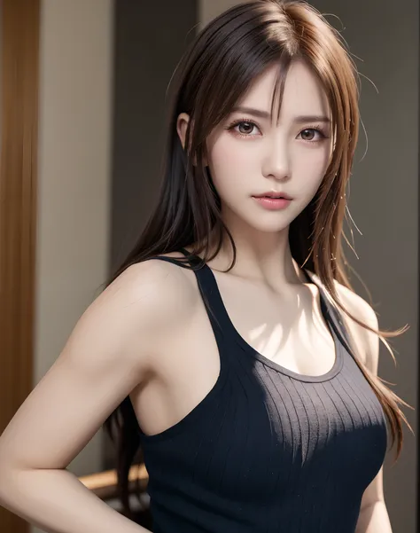 high quality picture, masutepiece, detailed hair texture, Detailed skin texture, Detailed Cloth Texture, 8K, Add fabric details, ultra detailed skin texture, ultra detailed photographic, Skin pores, Portrait of a girl, wearing tank top,