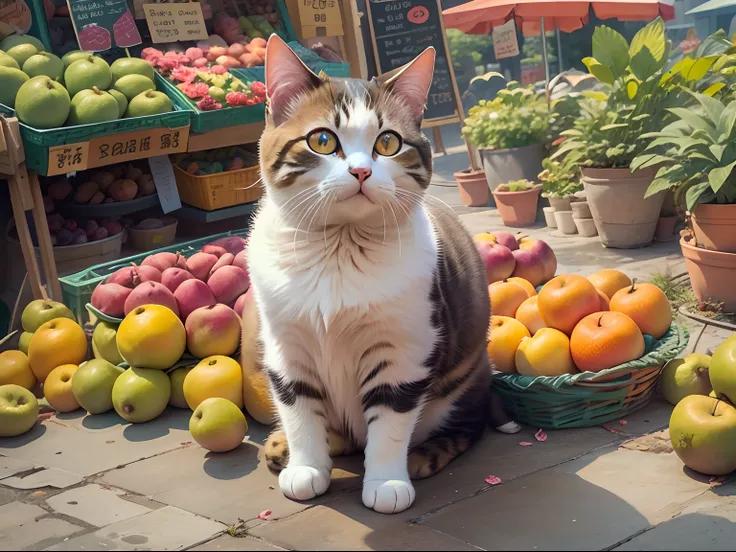 A round-eyed cute cat,Sit by the fruit stand, streetview, flower pots.