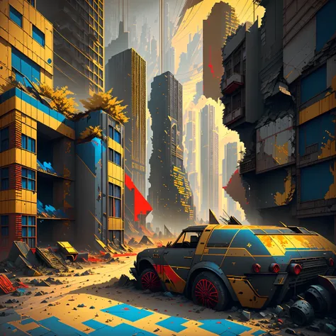 (gray-red,blue-gold,color scheme:1.4)in a post-apocalyptic metropolis, the remains of a huge city lie in ruins, similar to the p...