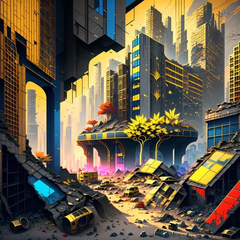 (Gray-red,blue-gold,color scheme:1.4)In a post-apocalyptic metropolis, The remains of a huge city lie in ruins, Similar to the pixelated gameplay style. Capture the view through the drones perspective, Provides a unique fisheye lens effect. The atmosphere ...