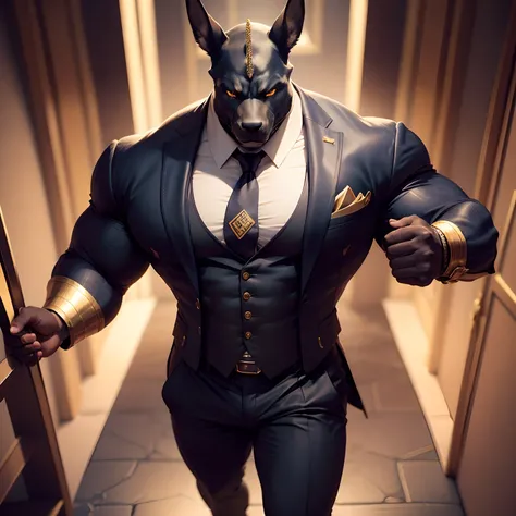 Anubis the egyptian god muscled  with huge torso , huge arms ,huge  pecs , huge lesgs , in suit with a tie like bodyguard outfit ,  full body