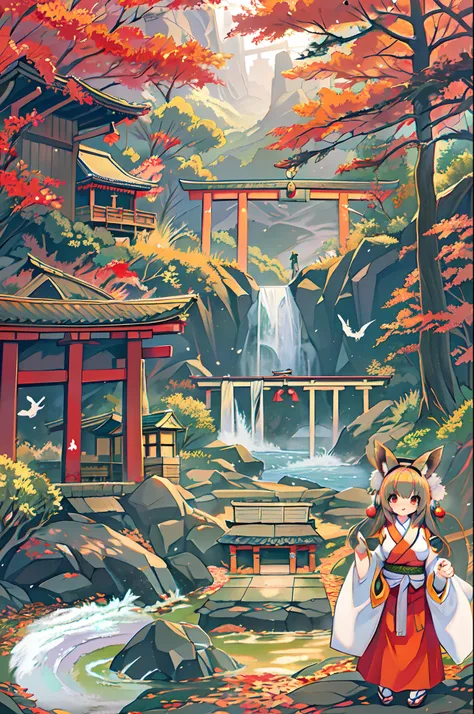 Fox Woman、body covered with fur、huge-breasted、kawaii、shrine maiden、Japan white clothes,Red Hakama、torii gate,((High Position))、A big smile、bbw、thick thight、big butts、Ultramammy,Chibi,Nanachi, autumn day,kaede、 Pines, Anime Background Art, japanese art styl...