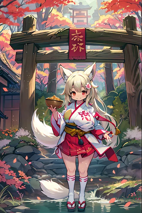 Fox Woman、body covered with fur、huge-breasted、kawaii、shrine maiden、Japan white clothes,Red Hakama、torii gate,((High Position))、A big smile、bbw、thick thight、big butts、Ultramammy,Chibi,Nanachi, autumn day,kaede、 Pines, Anime Background Art, japanese art styl...