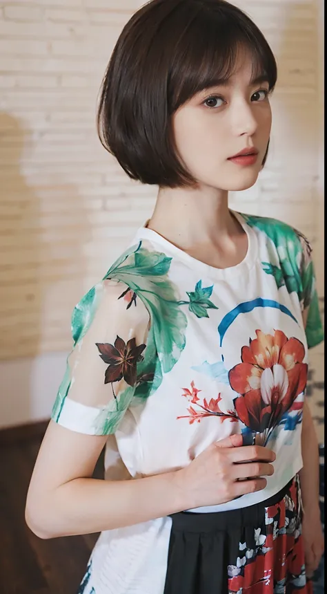 22
(Shorthair:1.3), (a 20 yo woman), (A hyper-realistic), (masutepiece), (8KUHD), Focus on the face, (The walls of the room are fractal art:1.23), 
Graphic T-shirt with anime characters printed