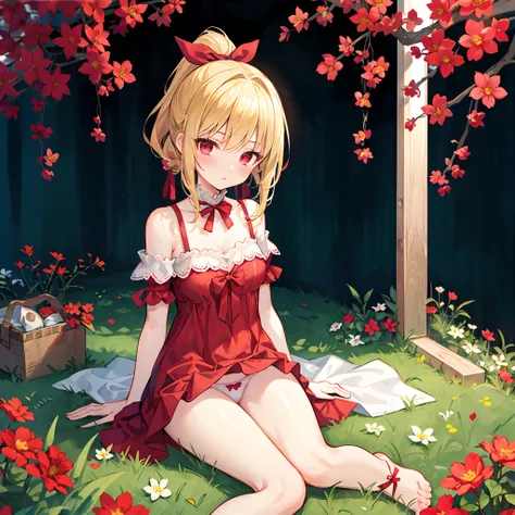 a blond、red eyes、Ponytail with ribbon、Beautiful girl alone、red blush、Red dress、off shoulders、Raw feet、flower  field、Sitting on the floor、panties on