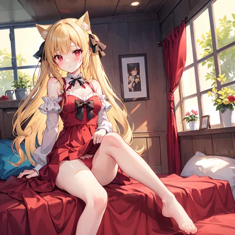 Wavy blonde、red eyes、bow ribbon、Beautiful girl alone、red blush、Red dress、Raw feet、Western-style interior、panties on