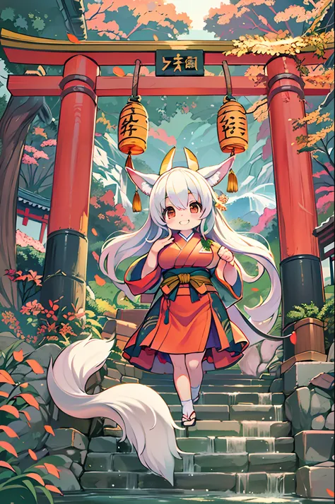 Fox Woman、body covered with fur、huge-breasted、kawaii、shrine maiden、Japan white clothes,Red Hakama、torii gate,((High Position))、A big smile、bbw、thick thight、big butts、Ultramammy,Chibi,Nanachi, autumn day,kaede、 Pines, Anime Background Art, japanese art styl...