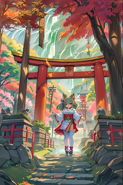 Fox Woman、body covered with fur、huge-breasted、kawaii、shrine maiden、Japan white clothes,Red Hakama、torii gate,((High Position))、A big smile、bbw、thick thight、big butts、Ultramammy,Chibi,Nanachi, autumn day,kaede、 Pines, Anime Background Art, japanese art styl...