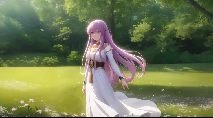 Kido_saori, Saint seiya athena with plain long light purple hair,green eyes,rosy cheeks,full lips,thin eyebrows,slender body,greek cloth and very long skirt,cute anime girl,full body,flowers field,anime style,Lumen Reflections,Screen Space Reflections,Diff...