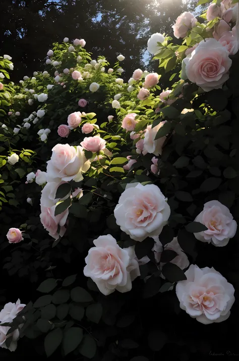 there are many pink and white roses growing on a bush, roses in cinematic light, rose garden, huge blossoms, beautiful flowers growing, rose-brambles, roses, beautiful aesthetic, beautiful large flowers, incredibly beautiful, light pink tonalities, with so...