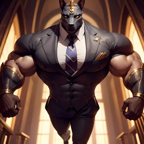 Anubis the egyptian god muscled  with huge torso , huge arms ,huge  pecs , huge lesgs , in suit with a tie like bodyguard outfit ,  full body