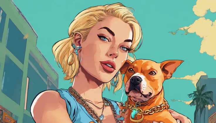 blonde girl with light blue eyes smokes a joint, holds a Chiwawa in her arms and holds a white and orange pitbull with a chain