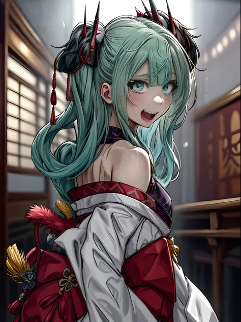 from the rear、From Side、Japanese Katana Sword、Samurai、Full body、Japanese dress、Kimono Dresses、long、miku hatsune、Green hair、Twin-tailed、Ahegao ( Silly / Sexual ecstasy)、Cross-eyed、Stranger、View other people、Blunt bangs、 over-kneehighs,Ahegao , Silly,Sexual ...