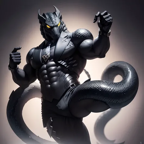 Humanoid  snake muscled ,  with a snakes head black with  a tail with 2 huge arms ,  in suit with a tie , full body