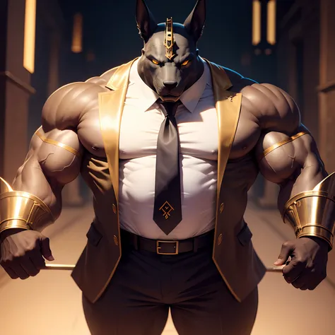 Anubis the egyptian god muscled  with huge torso , huge arms ,huge  pecs , huge lesgs , in suit with a tie like bodyguard outfit ,  full body