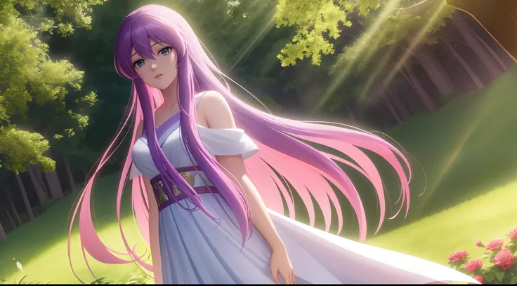 Kido_saori, Saint seiya athena with plain long light purple hair,green eyes,rosy cheeks,full lips,thin eyebrows,slender body,greek cloth and very long skirt,cute anime girl,full body,red roses field,anime style,Lumen Reflections,Screen Space Reflections,Di...