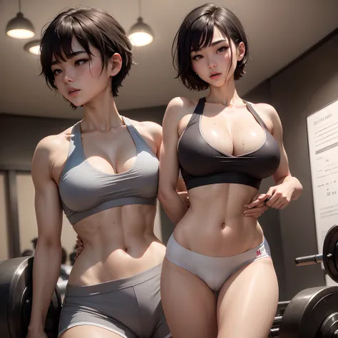 a Korean girl, Fitness Model, (Stand in the fitness gym, photoshoot style, Shooting from front, Upper West Statue), (Wearing a gray sports bra and gray shorts), 18 years old, (Toned body silhouette:1.2, Height 5.35 feet), (Large chest silhouette:1.2, Silho...