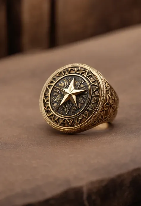 ((Commemorative ring design)),(Sparkling brass)，Ring concept blueprint，Display display，（Engraved with a five-pointed star），（Bas-relief style）