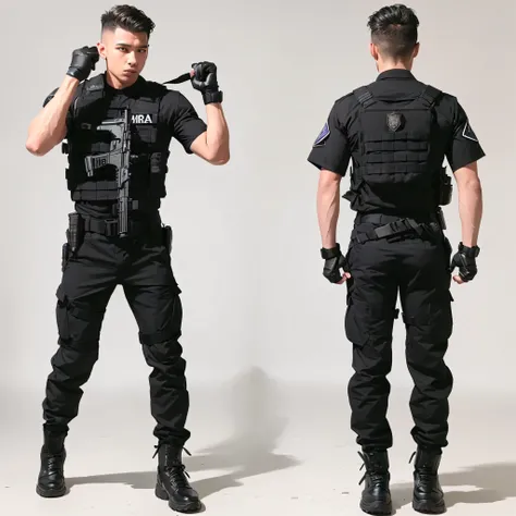 Arad men in black uniforms pose for a photo, Black tactical equipment, in black military uniform, black armored uniform, wearing black uniform, future soldier clothing, in a soldier uniform, wearing black modern clothes, Wear tactical gear, full soldier cl...