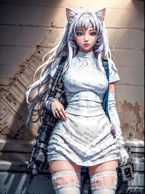 there is a woman in a short skirt posing in a room, seductive anime girl, white cat girl, advanced digital art, cyberpunk anime girl, barbie in white stockings, cute cyborg girl, digital cyberpunk art, realistic cyberpunk art, digital cyberpunk - realistic...