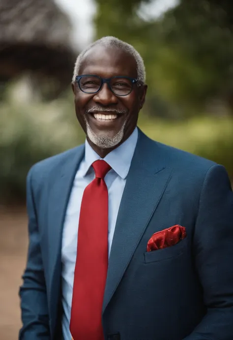 Homme africain, elderly, petits yeux, sourire, cheveux gris, costume, devant ordinateur, image commerciale, Realstic, photo HD, high resolucion, costume, chemise, cravate, bureau, ordinateurs, costume noir, chemise bleue, cravate, rouge, cravate motifs afr...