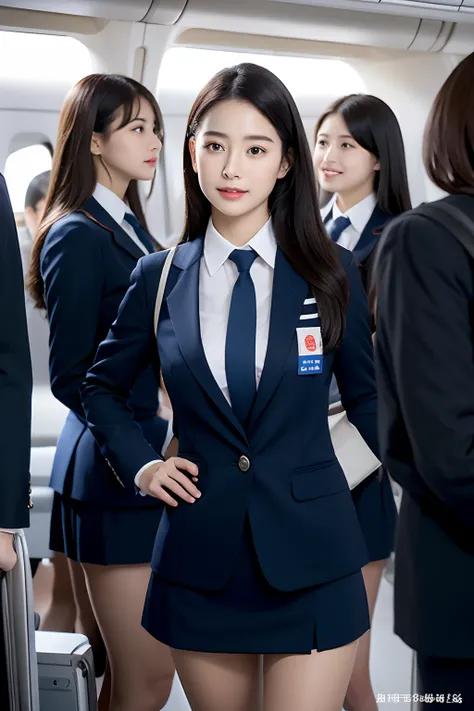 top-quality, ​masterpiece, 8K, 超A high resolution, (Photorealsitic:1.4), 1girl in、beautiful countenance、symmetrical eye、Colossal tits、Perfect body proportion、Stewardess uniform、Look at viewers、(Inside the plane:1.2)、front-facing view、Shoulder、long legged(1...