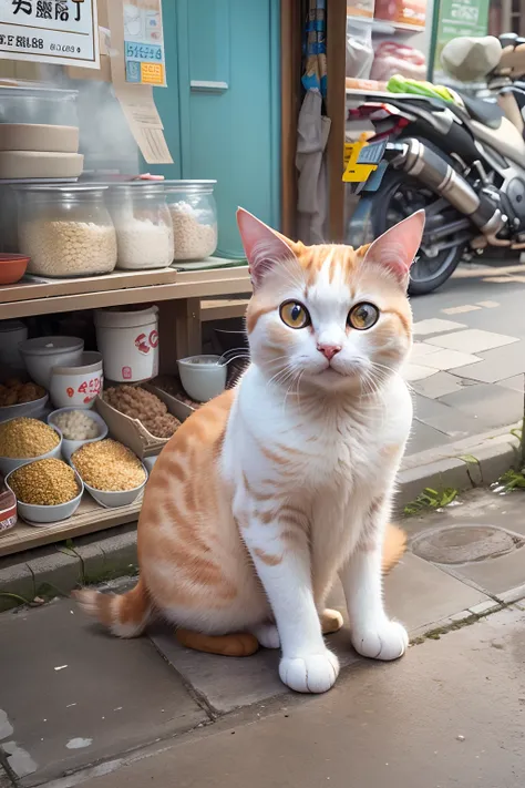 A round-eyed cute cat,Sitting on the five-legged base of a shop selling white rice. streetview,