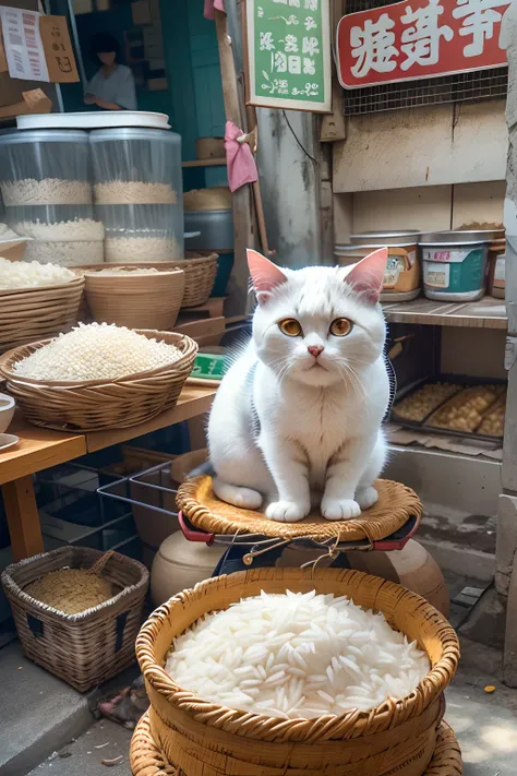 A round-eyed cute cat, Sitting on the five-legged base of a shop selling white rice, Sell white rice. streetview,