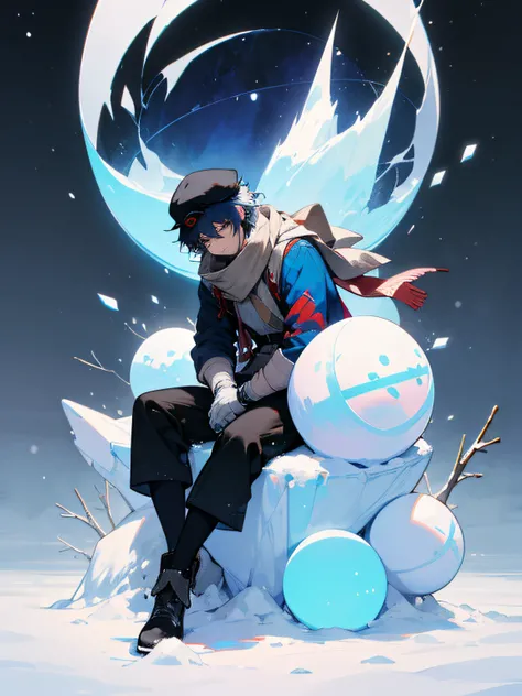 anime boy with a hat and scarf sitting on a snowflake, full body:: snow outside::, a cold, cold as ice! 🧊, cold, winter time, (snow), cold snow outside, cold weather, cold winter, inspired by Ike no Taiga, heavy winter aesthetics, official art, inspired by...