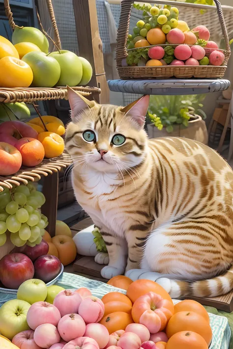 A round-eyed cute cat, adorable, sit on chair, fruit stand,exteriors.