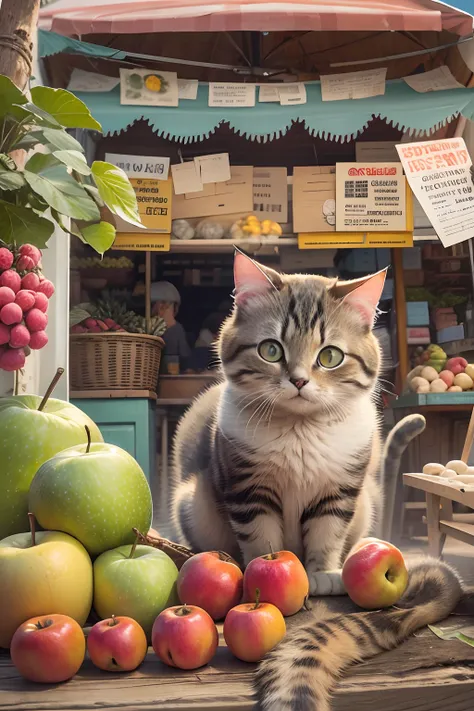 A round-eyed cute cat, adorable, sit on chair, fruit stand,exteriors.