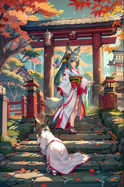 Fox Woman、body covered with fur、huge-breasted、kawaii、shrine maiden、Japan white clothes,Red Hakama、torii gate,((High Position))、A big smile、bbw、thick thight、big butts、Ultramammy,Chibi,Nanachi, autumn day,kaede、 Pines, Anime Background Art, japanese art styl...