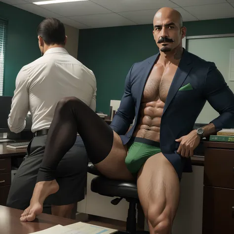 45 yers old，Juan Sebastian Veron，（Kogoro Mouri 1.3），office room，Two together，Crotch contour，Wear sexy green briefs，with mustache，tmasterpiece，k hd，the feet，black long socks，The barefoot，Thick chest hair，scowling