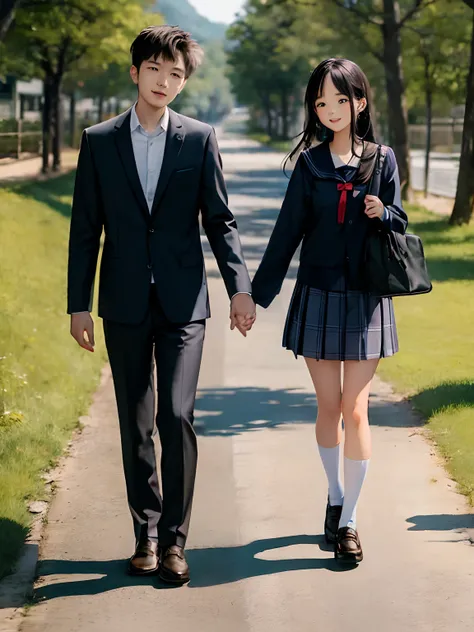 Cute couple walking by holding hands, featuring highly detailed facial features and cartoon-style visuals.korean school uniform,forest road